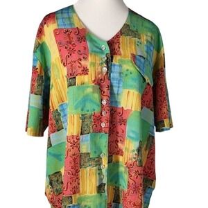 Vintage Christie/Jill Women Top Short Sleeves Colorful Button-Up Blouse size XL